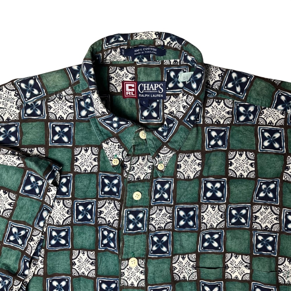Chaps Ralph Lauren Button Down Mens L Green Blue Geometric Tile Print Vintage